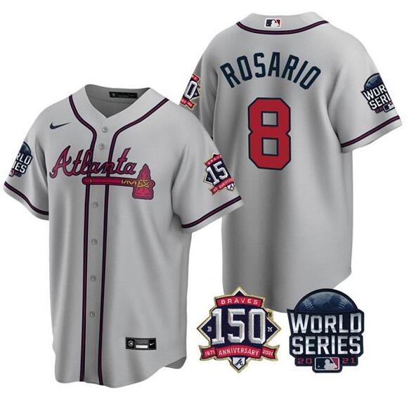 Men's Atlanta Braves #8 Eddie Rosario 2021 Gray World Series With 150th Anniversary Patch Cool Base Stitched Jersey Men's Atlanta Braves #8 Eddie Rosario 2021 Gray World Series With 150th Anniversary Patch Cool Base Stitched Jersey